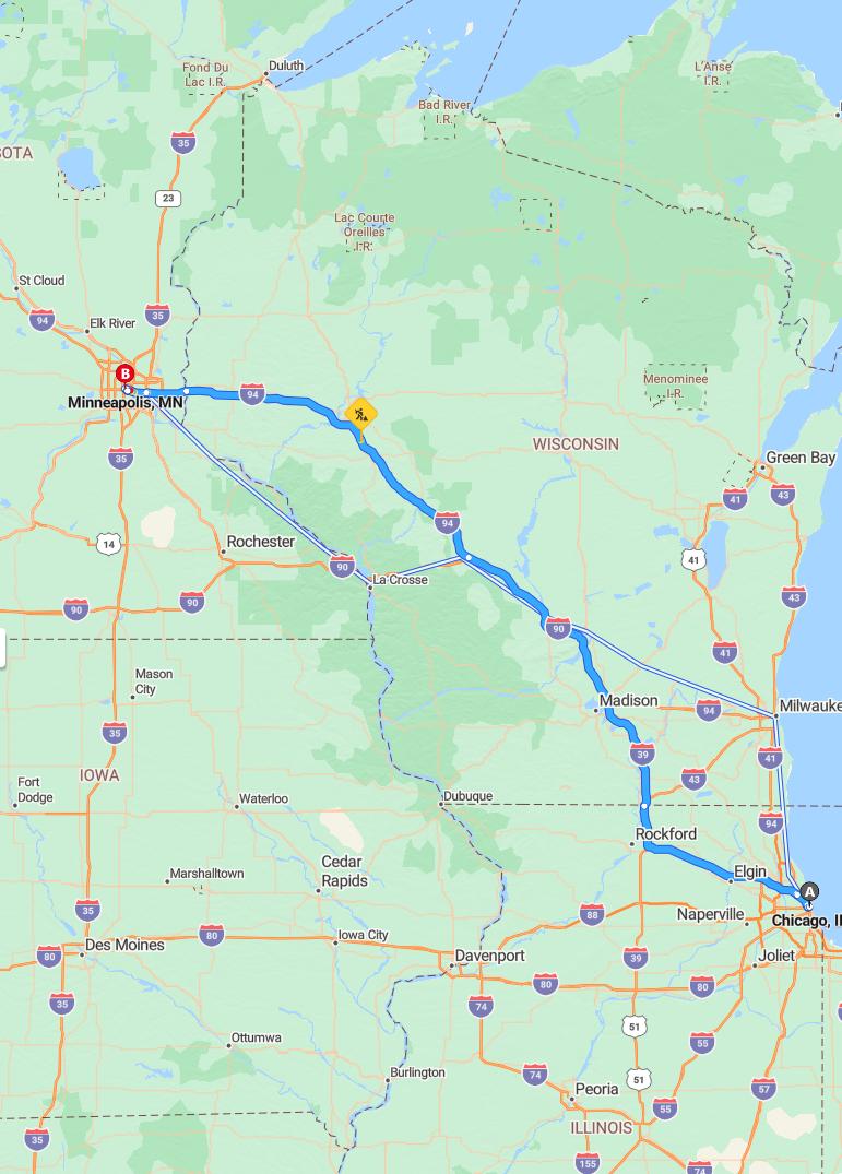 driving from Chicago, Illinois to MinneapolisMinnesota - map and route
