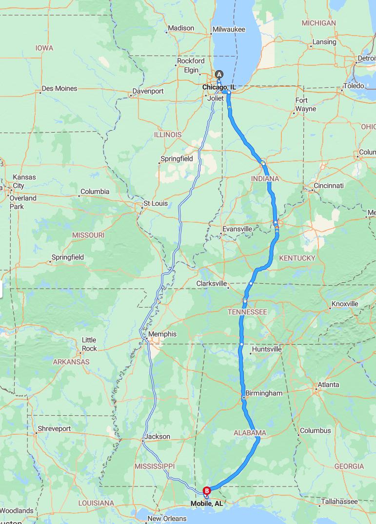 driving from Chicago, Illinois to MobileAlabama - map and route