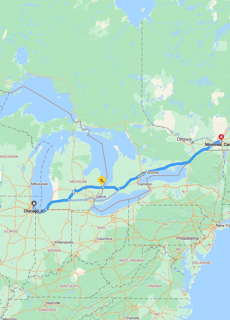 driving from Chicago, Illinois to MontrealQuebec - map and route