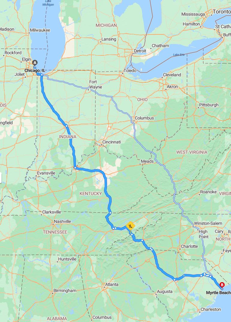 driving from Chicago, Illinois to Myrtle BeachSouth Carolina - map and route