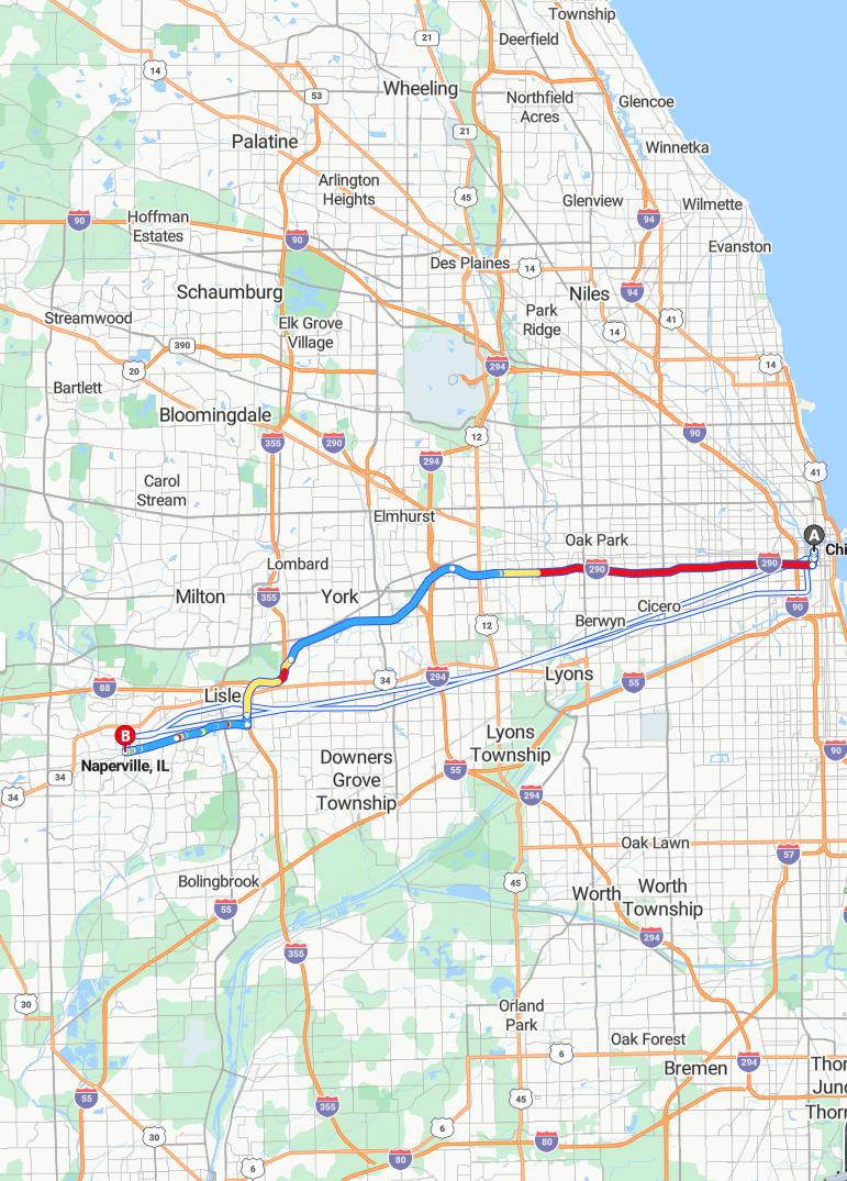 driving from Chicago, Illinois to NapervilleIllinois - map and route