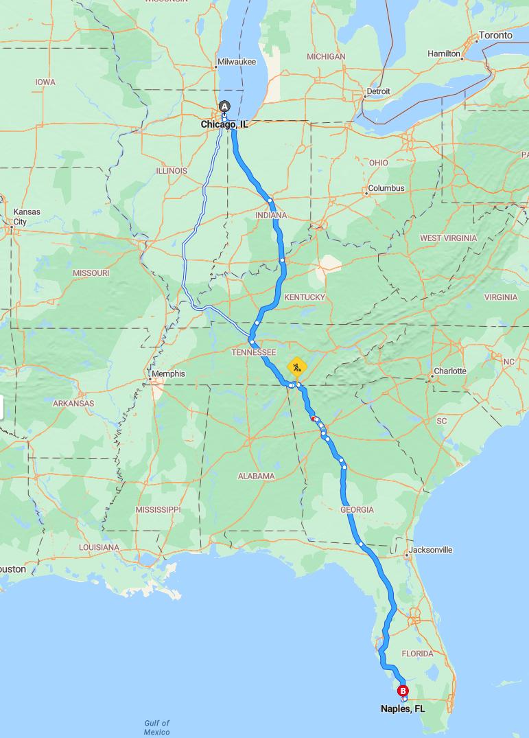 driving from Chicago, Illinois to NaplesFlorida - map and route