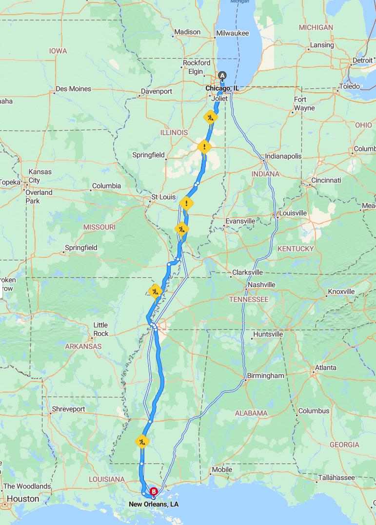 driving from Chicago, Illinois to New OrleansLouisiana - map and route