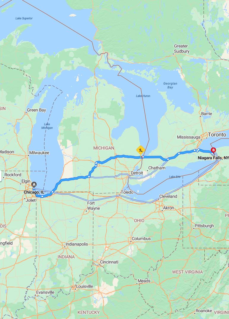 driving from Chicago, Illinois to Niagara FallsNew York - map and route