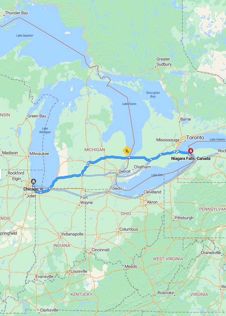 driving from Chicago, Illinois to Niagara FallsOntario - map and route