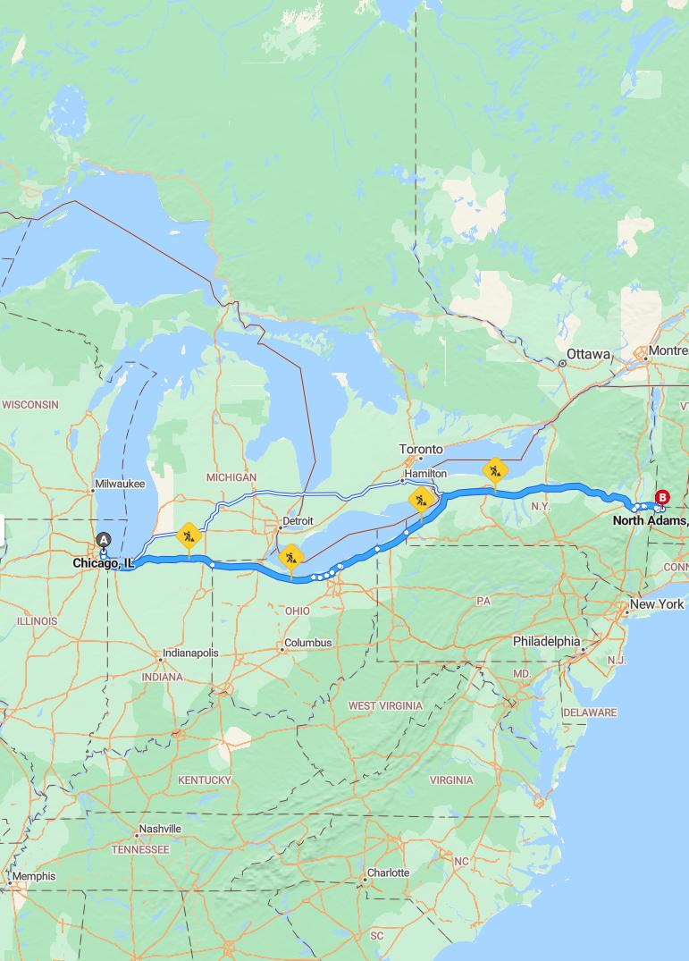 driving from Chicago, Illinois to North AdamsMassachusetts - map and route