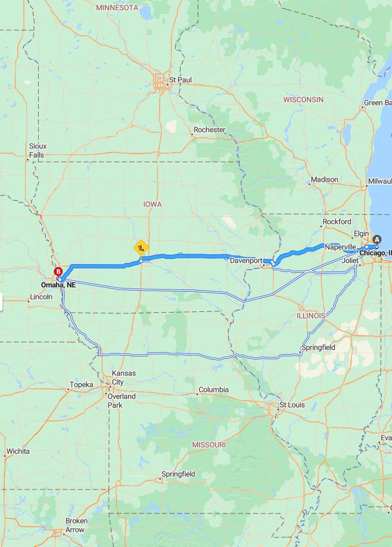 driving from Chicago, Illinois to OmahaNebraska - map and route
