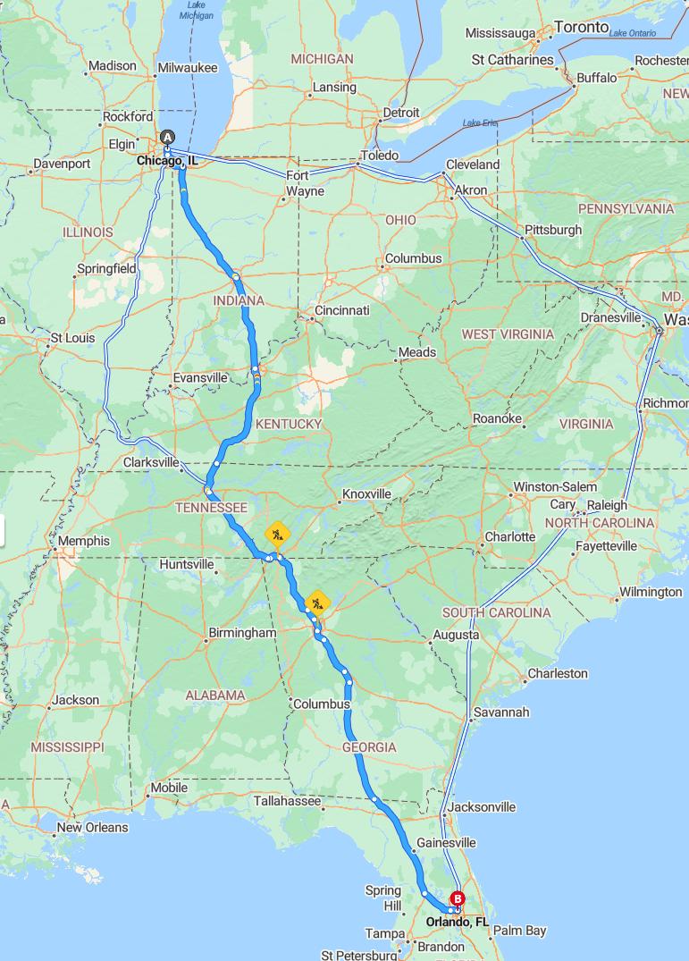 driving from Chicago, Illinois to OrlandoFlorida - map and route