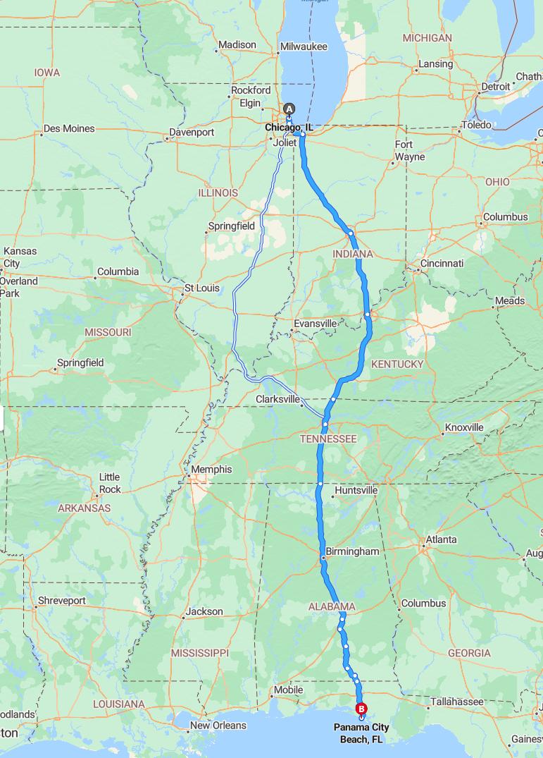 driving from Chicago, Illinois to Panama City BeachFlorida - map and route