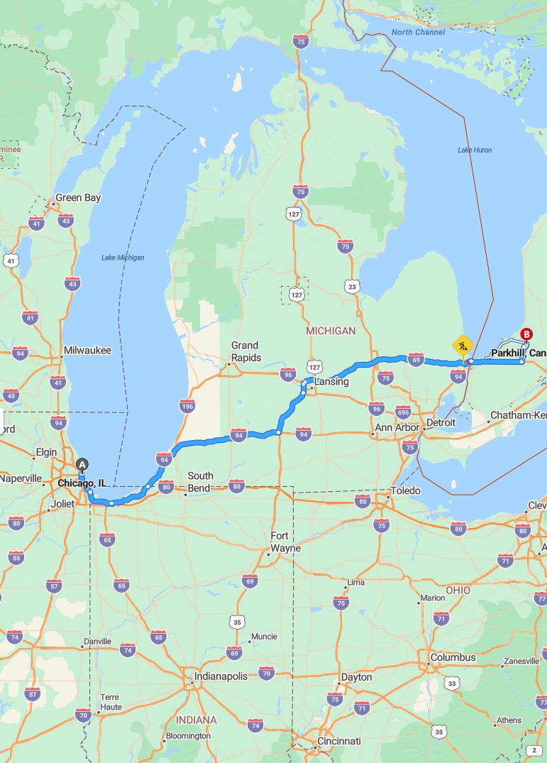 driving from Chicago, Illinois to ParkhillOntario - map and route