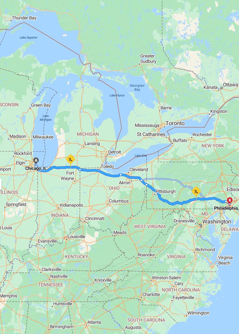 driving from Chicago, Illinois to PhiladelphiaPennsylvania - map and route