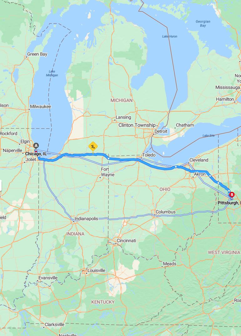 driving from Chicago, Illinois to PittsburghPennsylvania - map and route
