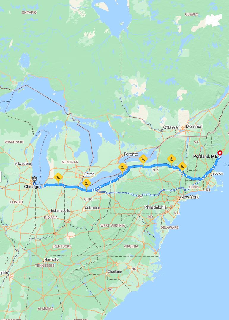 driving from Chicago, Illinois to PortlandMaine - map and route