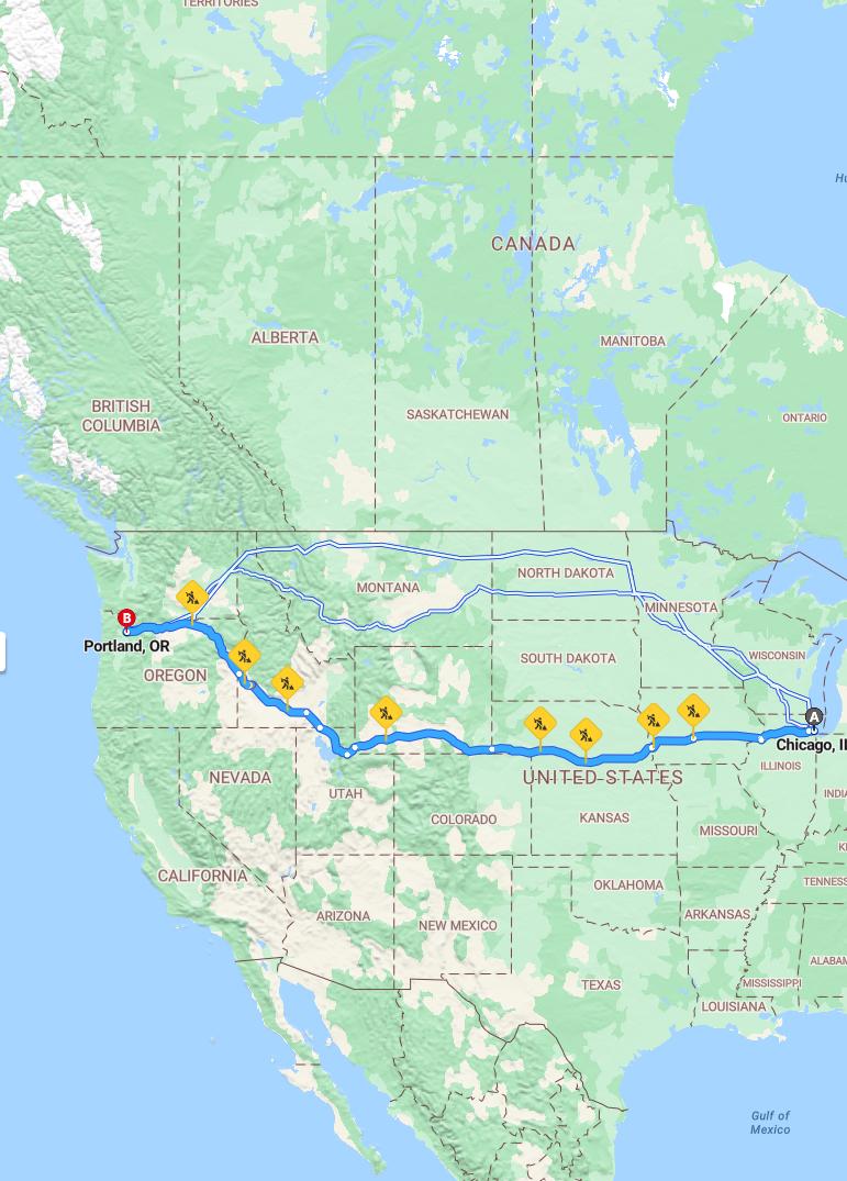 driving from Chicago, Illinois to PortlandOregon - map and route