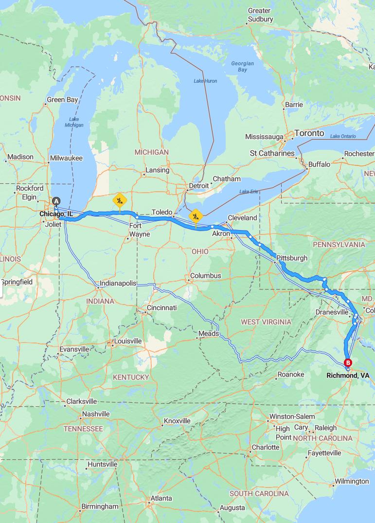 driving from Chicago, Illinois to RichmondVirginia - map and route