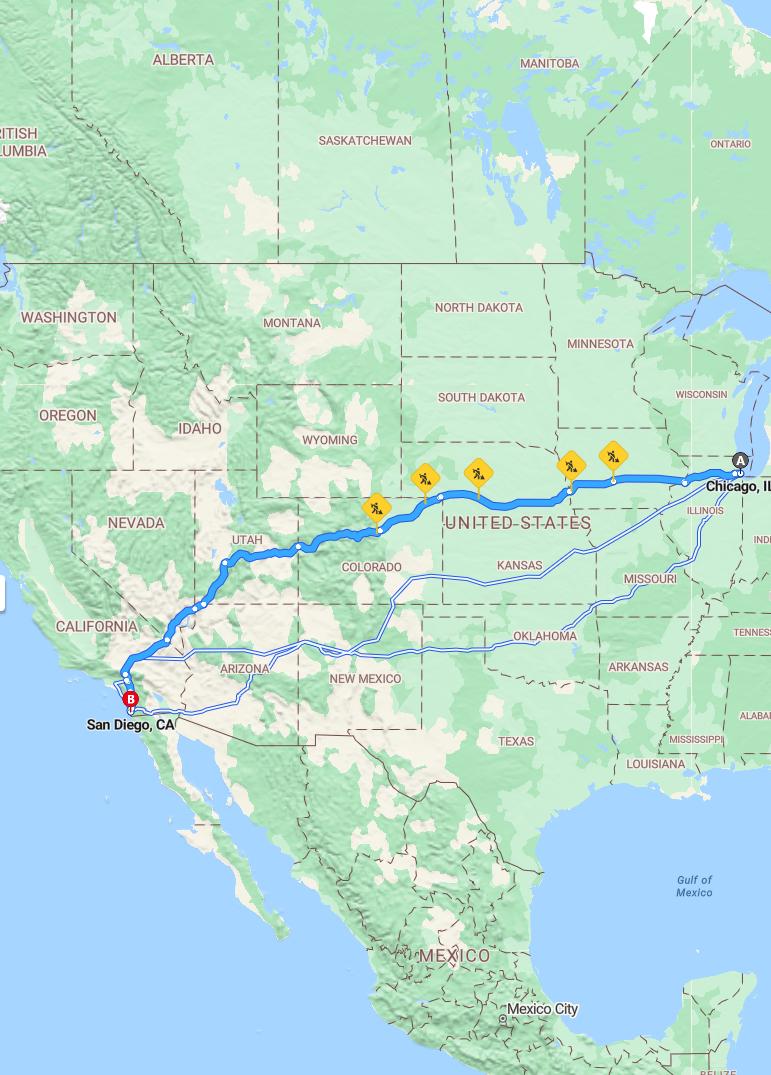 driving from Chicago, Illinois to San DiegoCalifornia - map and route
