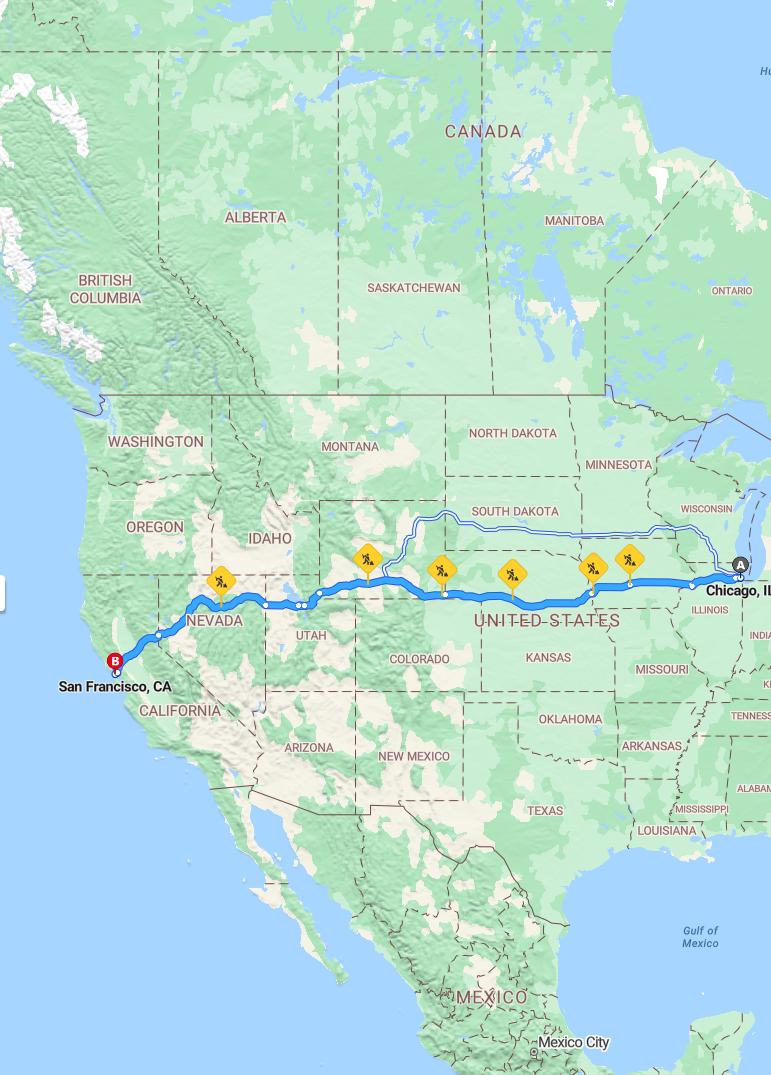 driving from Chicago, Illinois to San FranciscoCalifornia - map and route