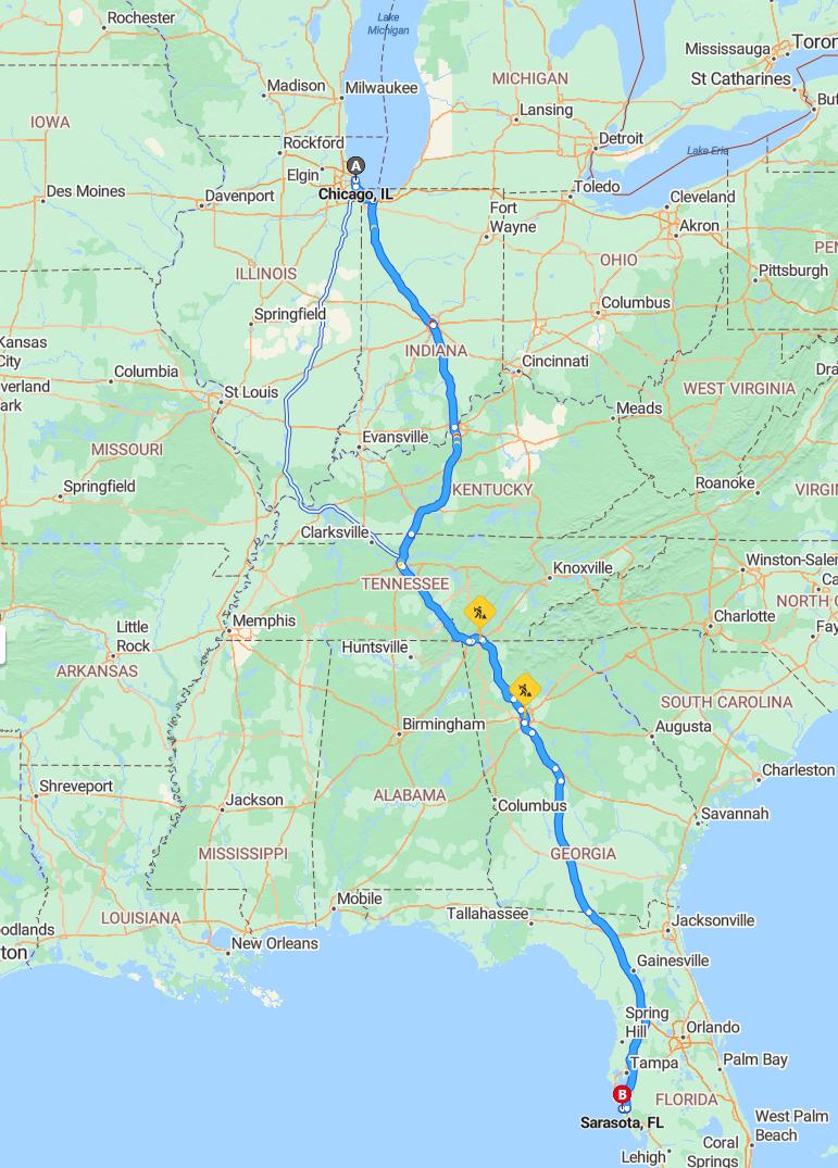 driving from Chicago, Illinois to SarasotaFlorida - map and route