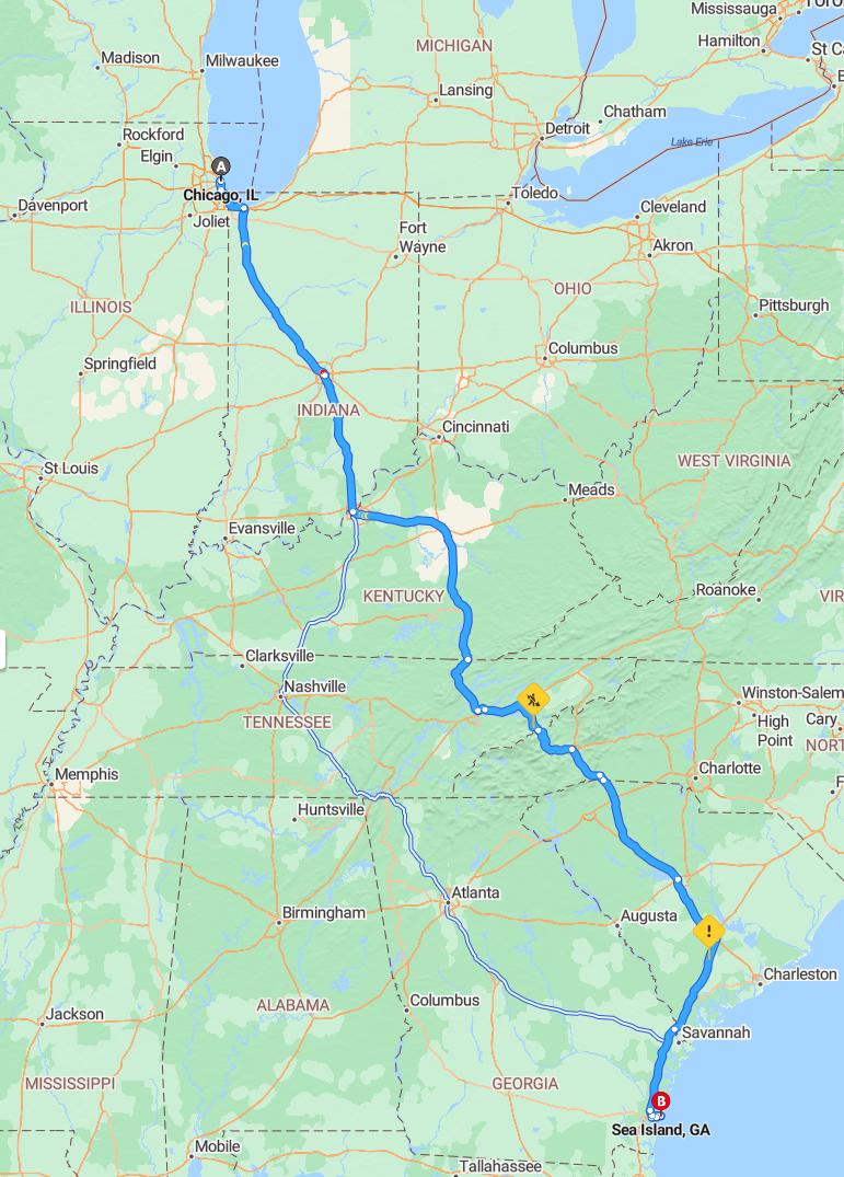 driving from Chicago, Illinois to Sea IslandGeorgia - map and route