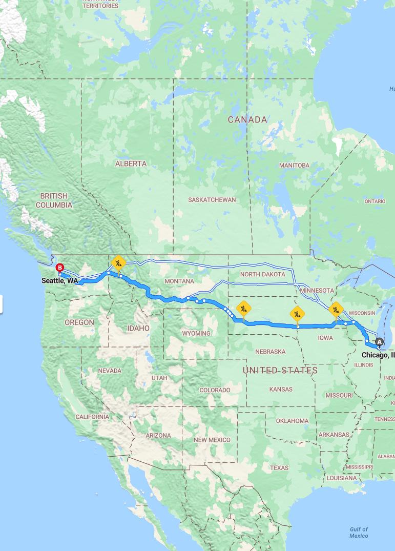 driving from Chicago, Illinois to SeattleWashington - map and route