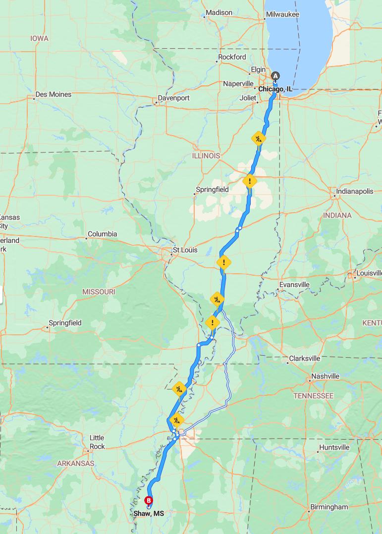 driving from Chicago, Illinois to ShawMississippi - map and route