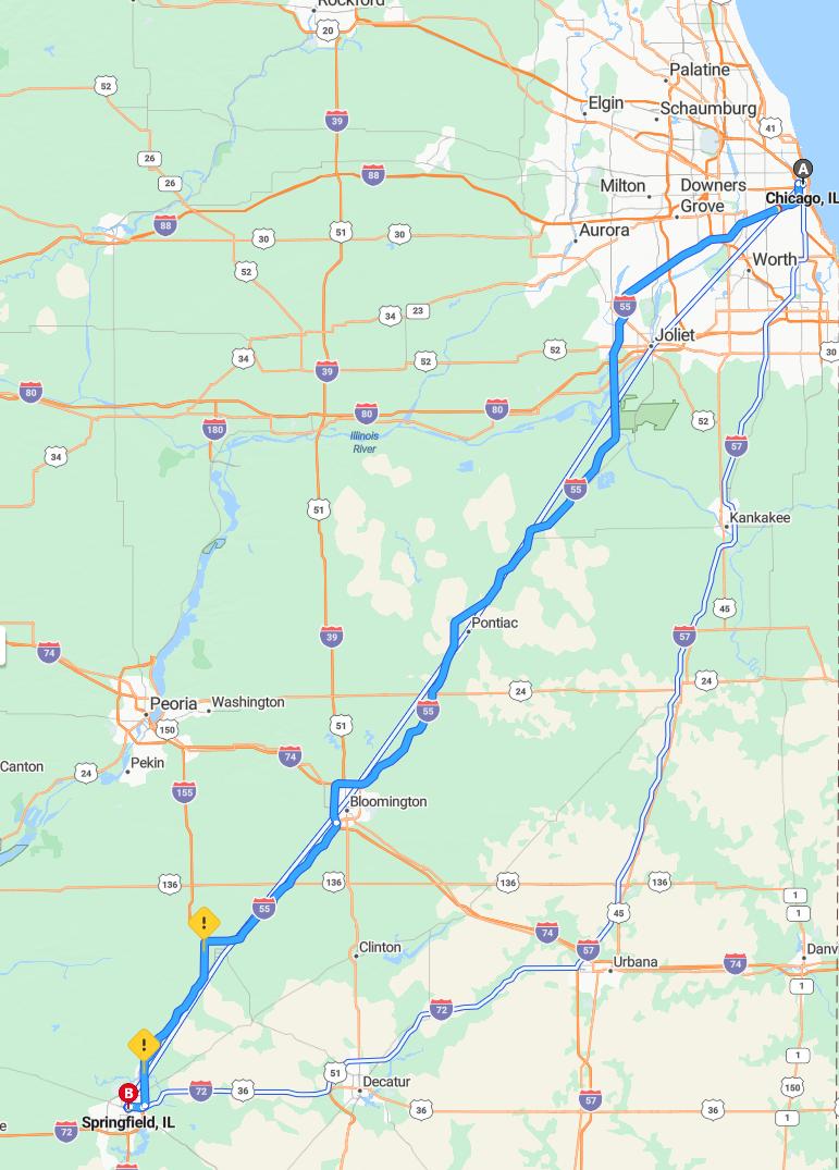 driving from Chicago, Illinois to SpringfieldIllinois - map and route