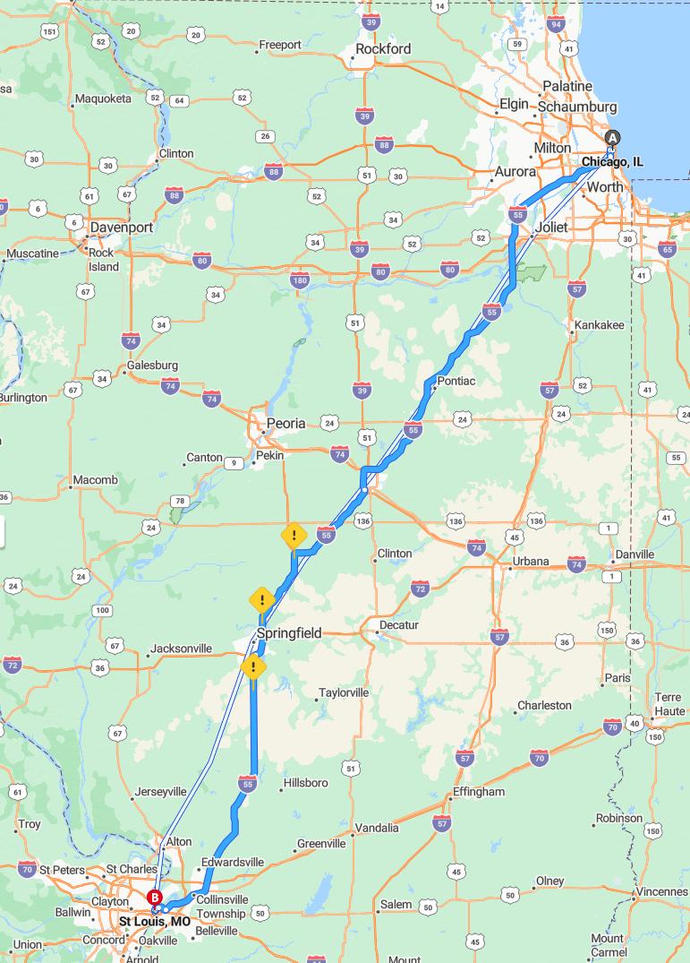 driving from Chicago, Illinois to St. LouisMissouri - map and route