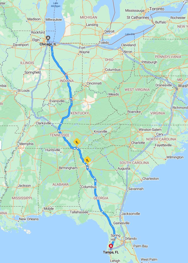 driving from Chicago, Illinois to TampaFlorida - map and route