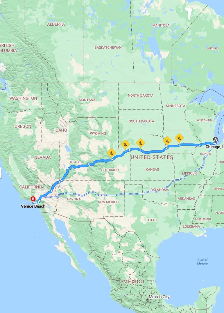 driving from Chicago, Illinois to Venice BeachCalifornia - map and route