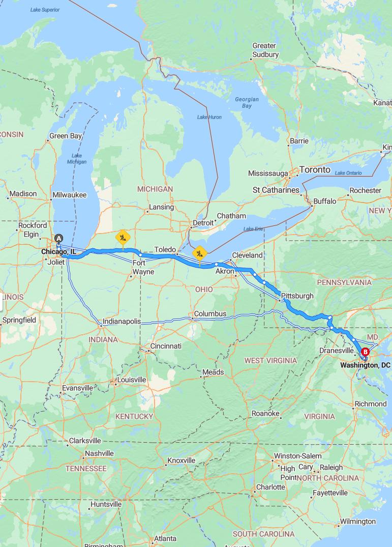 driving from Chicago, Illinois to WashingtonD.C. - map and route