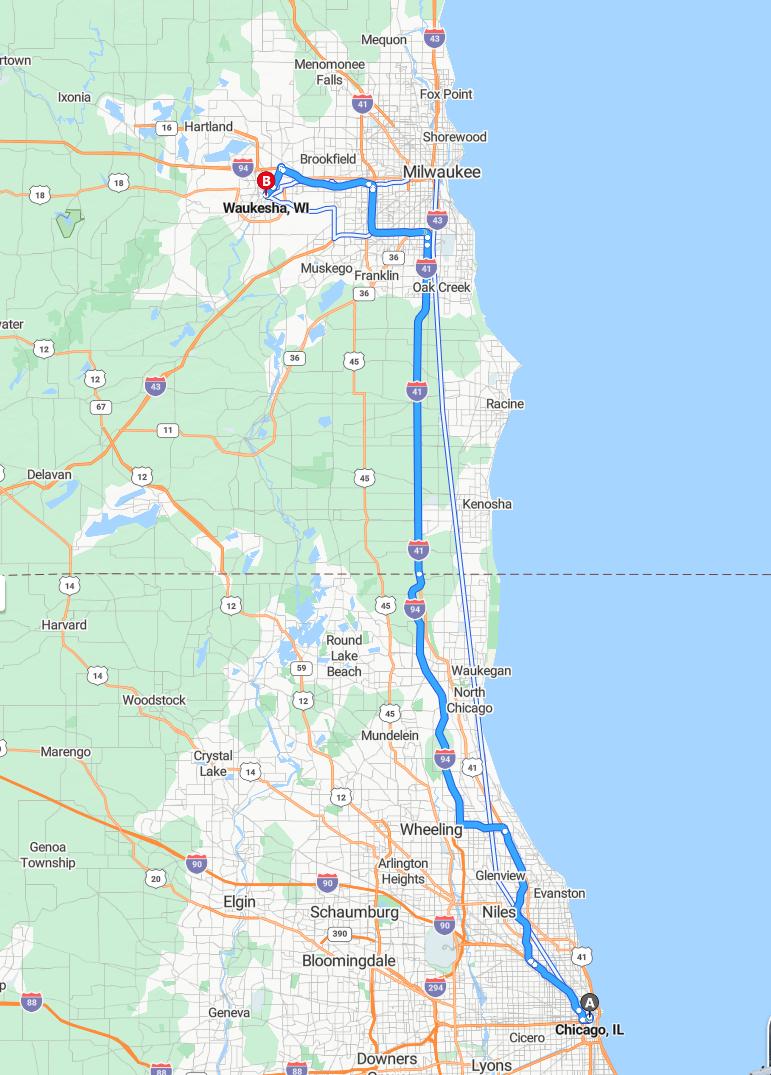 driving from Chicago, Illinois to WaukeshaWisconsin - map and route