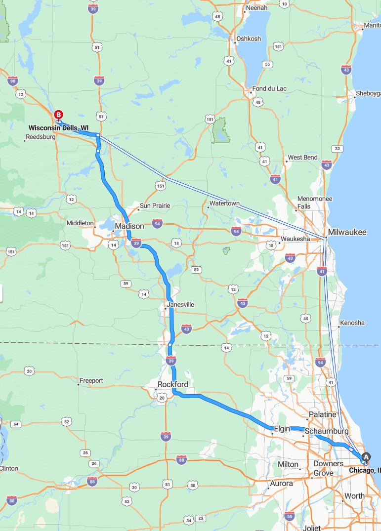 driving from Chicago, Illinois to Wisconsin DellsWisconsin - map and route