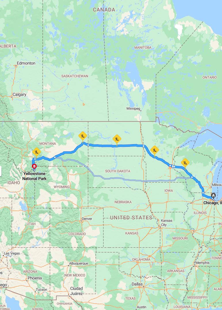 driving from Chicago, Illinois to Yellowstone National ParkWyoming - map and route