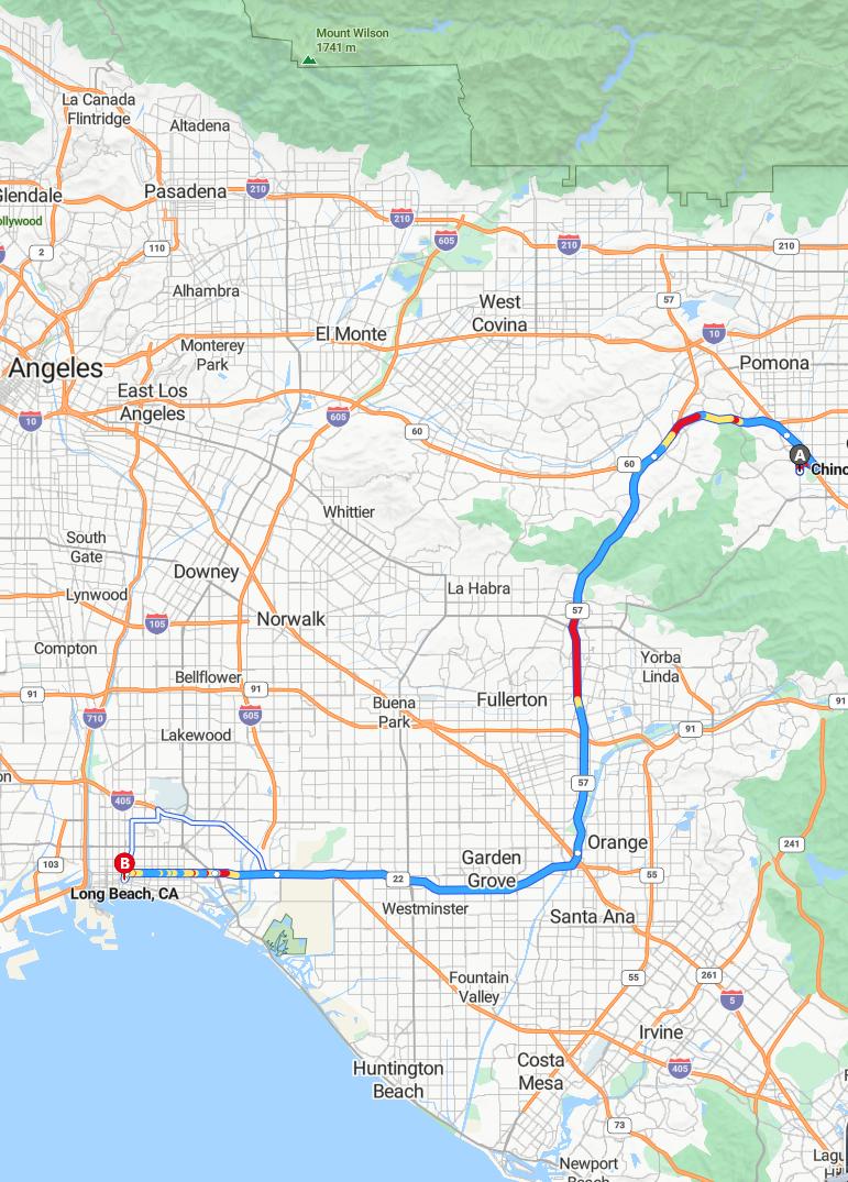 driving from Chino Hills, California to Long BeachCalifornia - map and route