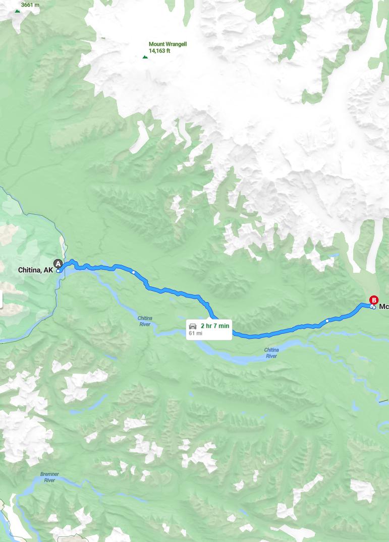 driving from Chitina, Alaska to McCarthyAlaska - map and route