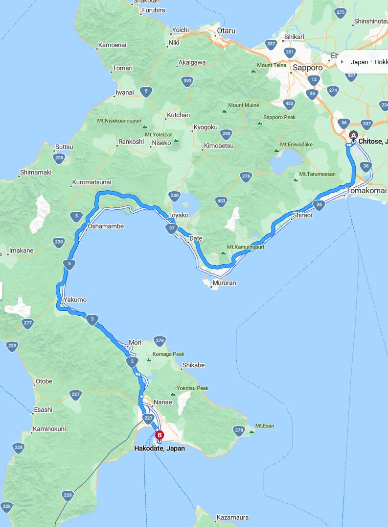 driving from Chitose, Hokkaido to HakodateHokkaido - map and route