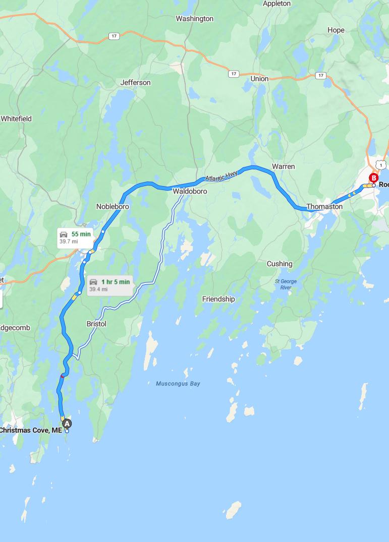 driving from Christmas Cove, Maine to RocklandMaine - map and route