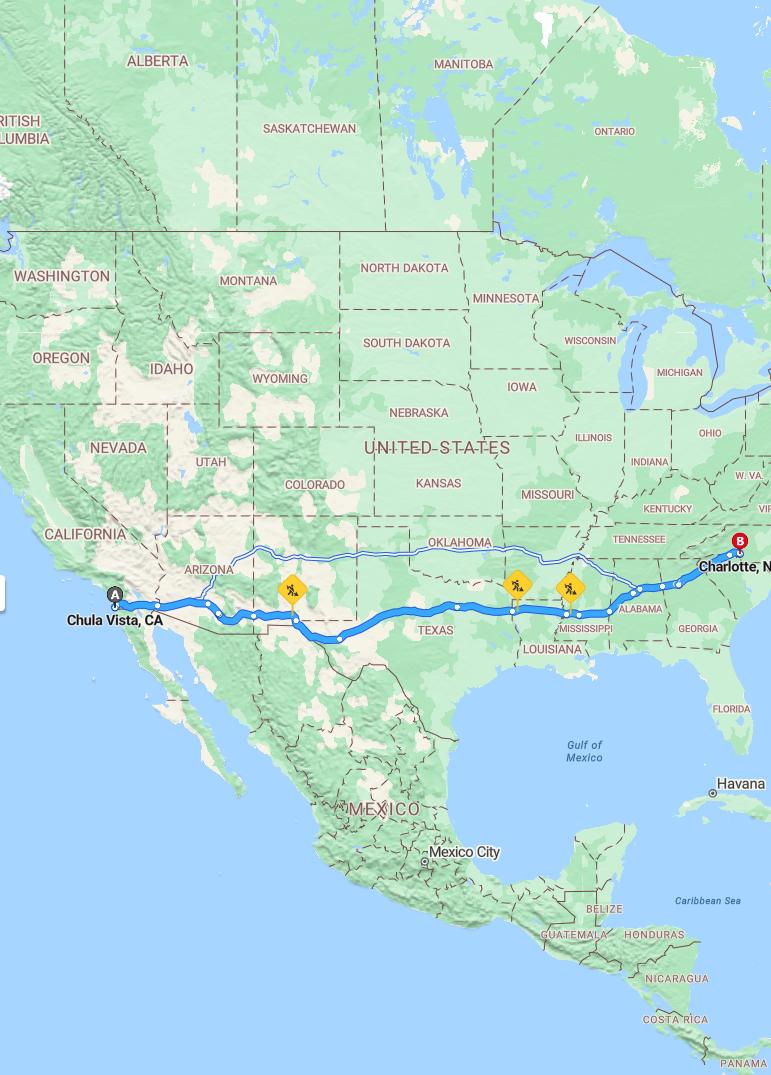 driving from Chula Vista, California to CharlotteNorth Carolina - map and route