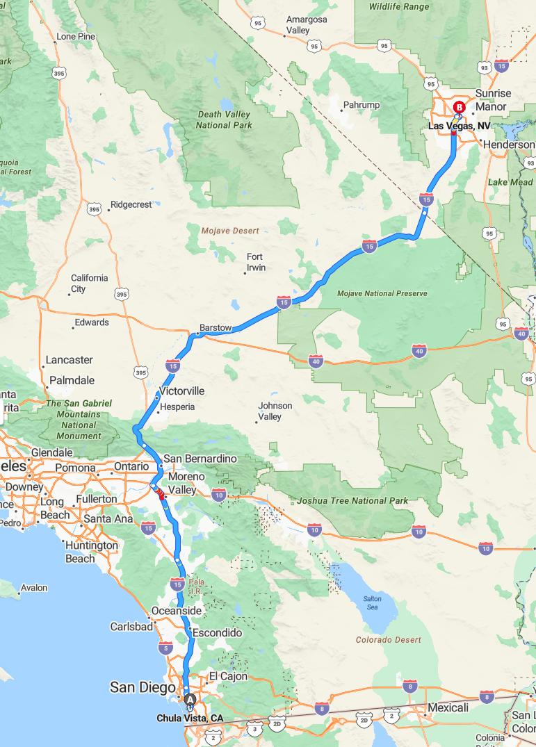driving from Chula Vista, California to Las VegasNevada - map and route