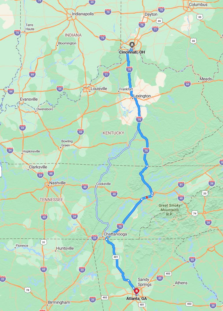 driving from Cincinnati, Ohio to AtlantaGeorgia - map and route