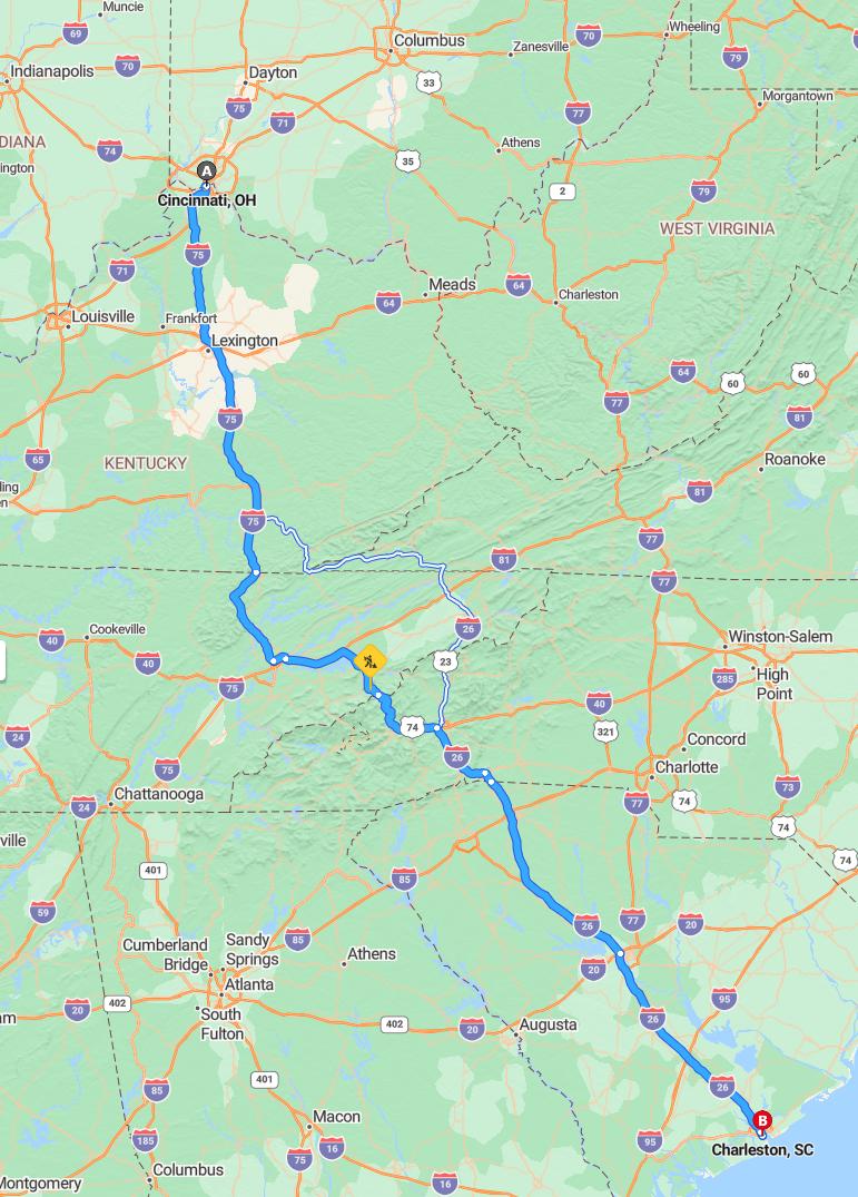 driving from Cincinnati, Ohio to CharlestonSouth Carolina - map and route