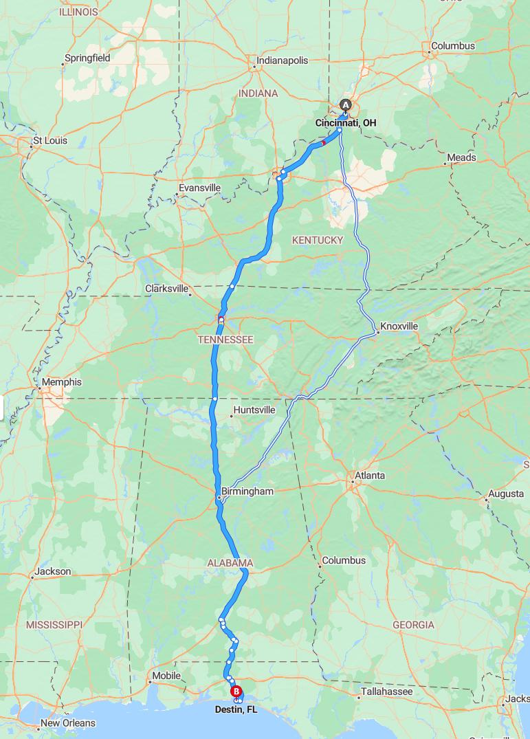 driving from Cincinnati, Ohio to DestinFlorida - map and route