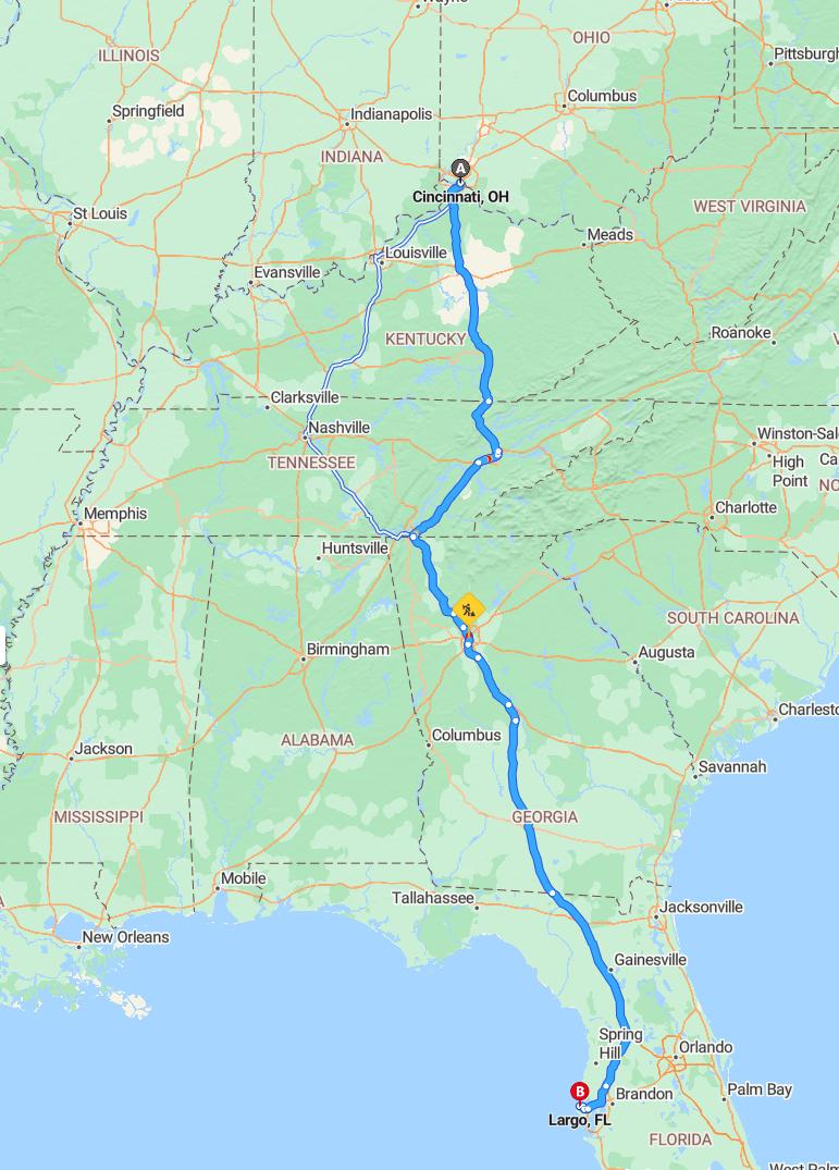 driving from Cincinnati, Ohio to LargoFlorida - map and route