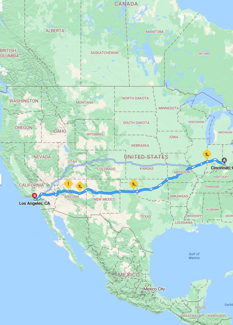 driving from Cincinnati, Ohio to Los AngelesCalifornia - map and route