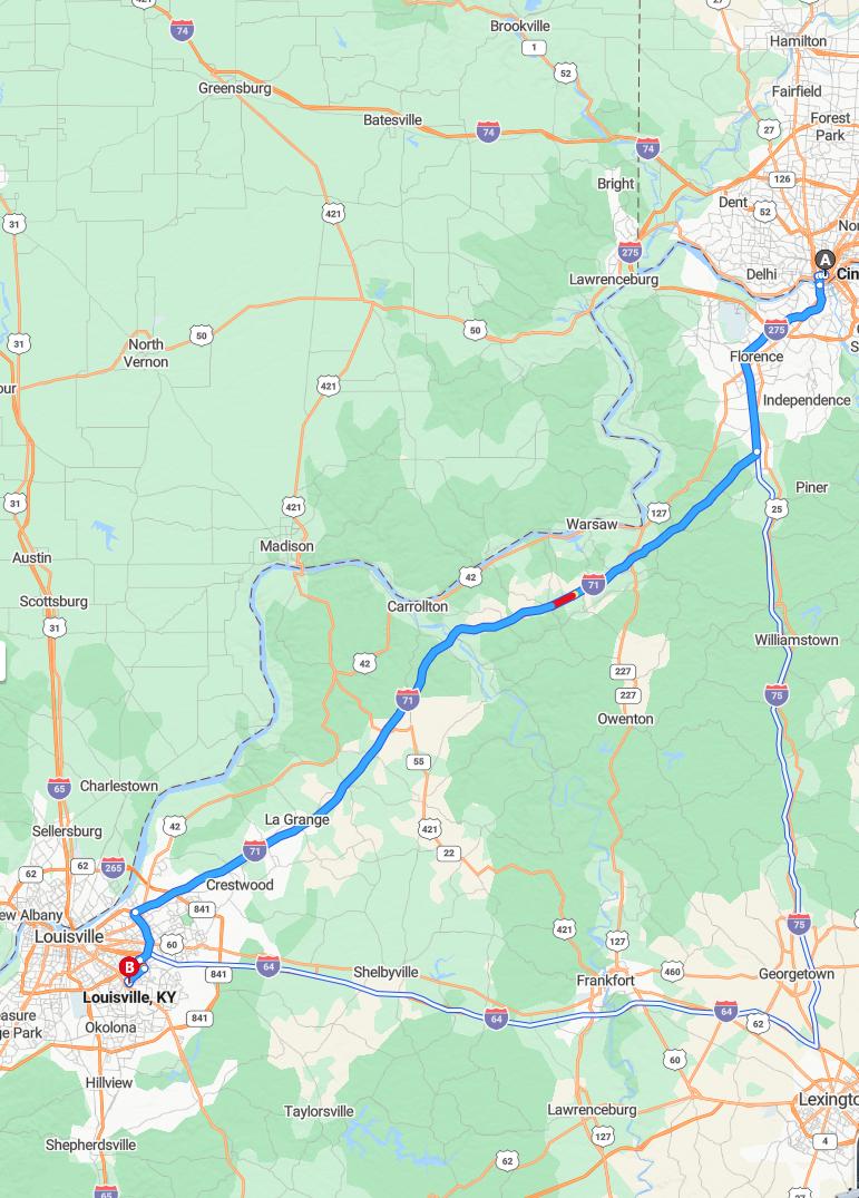 driving from Cincinnati, Ohio to LouisvilleKentucky - map and route