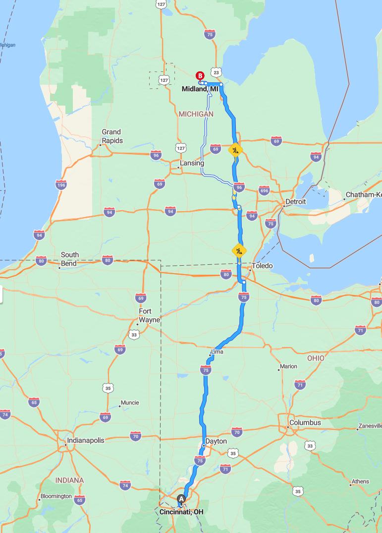 driving from Cincinnati, Ohio to MidlandMichigan - map and route
