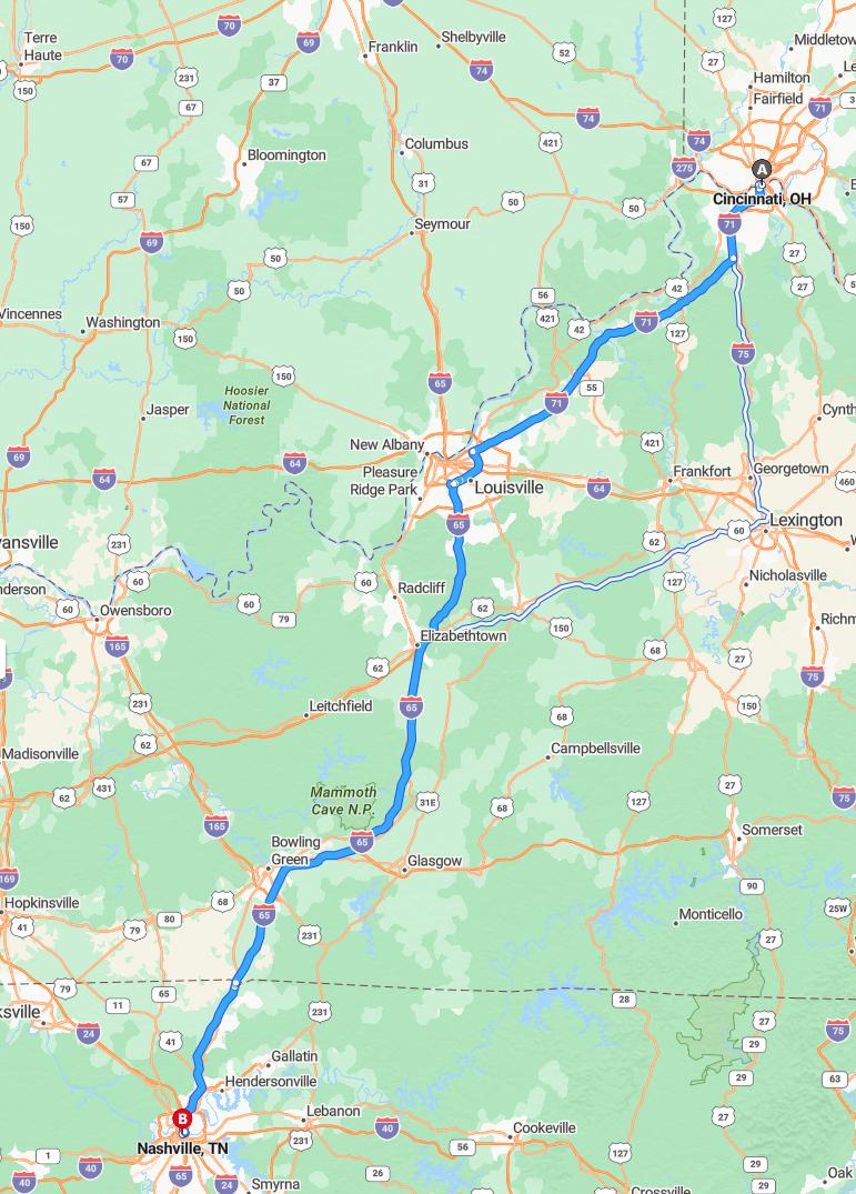 driving from Cincinnati, Ohio to NashvilleTennessee - map and route