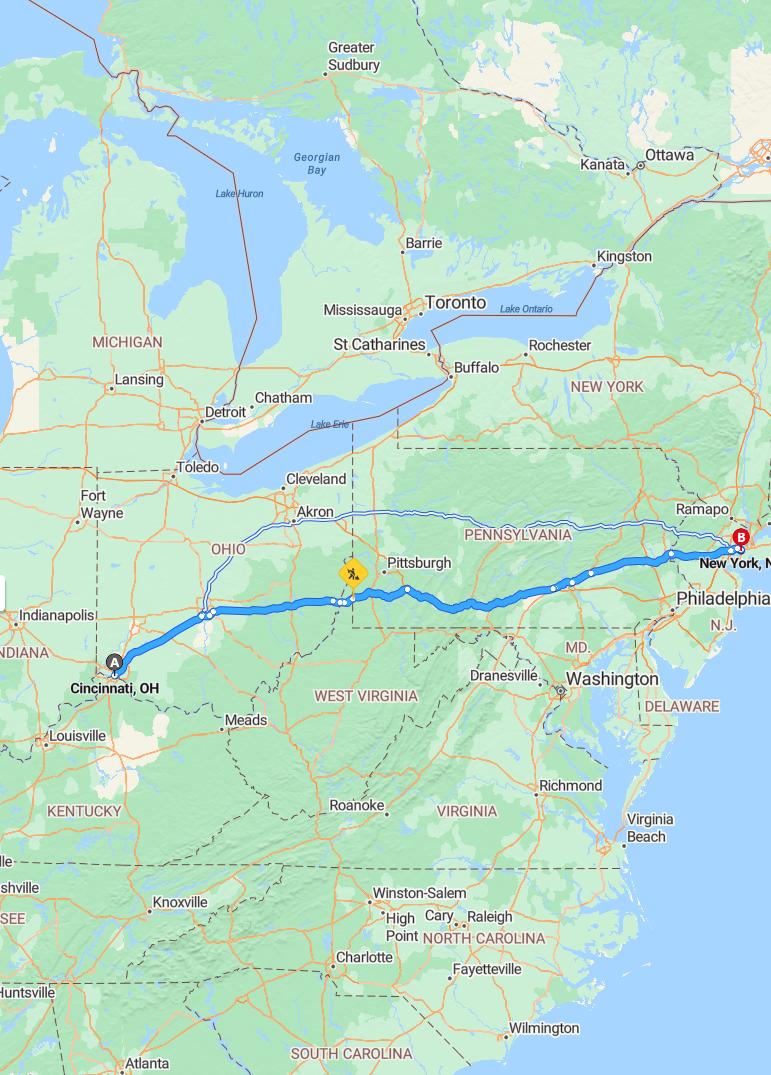 driving from Cincinnati, Ohio to New York CityNew York - map and route