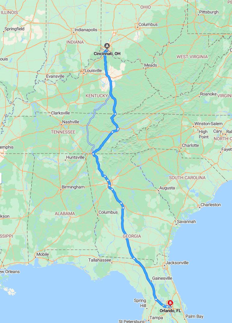 driving from Cincinnati, Ohio to OrlandoFlorida - map and route