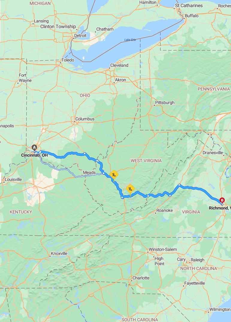 driving from Cincinnati, Ohio to RichmondVirginia - map and route
